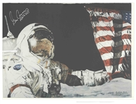 Gene Cernan Signed Moon Landing Artwork -- As Commander of the Apollo 17 Mission, Cernan Was the Last Man to Walk on the Moon -- With Novaspace COA